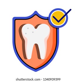 Tooth in shield icon with check mark vector illustration in flat color design