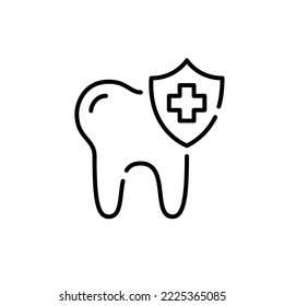 Tooth with shield icon. Dental care and oral medicine. Pixel perfect editable stroke