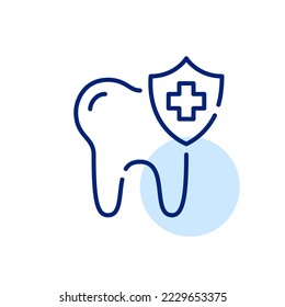 Tooth with shield icon. Dental care and oral medicine. Pixel perfect editable stroke art