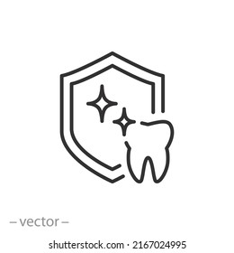 tooth with shield icon, dental protection and care, thin line symbol on white background - editable stroke vector illustration