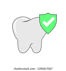 Tooth with shield icon isolated on white background. Medical concept. Dental care. Vector flat design