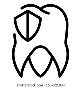 Icono de diente y escudo. Icono de vector de esquema y de escudo para diseño web aislado en fondo blanco