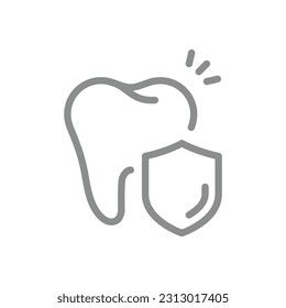 Diente con icono vector de línea de escudo. Dentadura protegida, atención dental o símbolo de esquema de seguro.