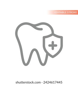 Tooth and shield line vector icon. Dental care and protection symbol.