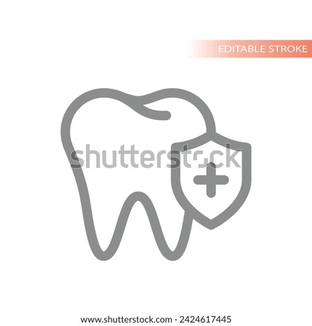 Tooth and shield line vector icon. Dental care and protection symbol.