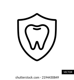 Un diente en el escudo, el concepto de protección de dientes icono vector en el diseño de estilo de línea para el diseño de sitios web, aplicación, interfaz de usuario, aislado en el fondo blanco. Trazo editable. Ilustración vectorial EPS 10.