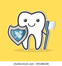 Tooth with shield and toothbrush. Teeth protection concept. Vector illustration