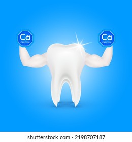 Diente que muestra músculos fuertes potentes. Sujetando un calcio de timbre. Vitaminas minerales. Modelo de dientes sanos aislados en fondo azul. Concepto médico. Vector 3D realista.