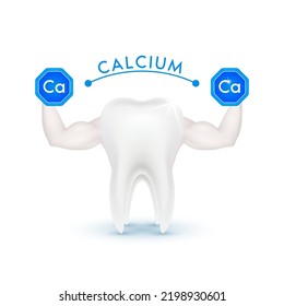 Tooth showing strong muscles powerful. Holding a dumbbell calcium blue. Vitamins minerals. Healthy teeth model isolated on white background. Medical concept. Realistic 3D vector.