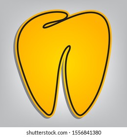 Tooth sign. Flat orange icon with overlapping linear black icon with gray shadow at whitish background. Illustration.