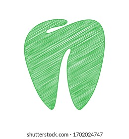 Tooth sign. Green scribble Icon with solid contour on white background. Illustration.