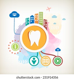 Tooth sign icon and city on abstract colorful watercolor background with different icon and elements. 