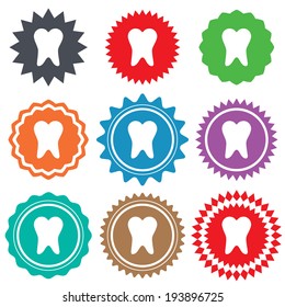 Tooth sign icon. Dental care symbol. Stars stickers. Certificate emblem labels. Vector