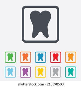Tooth sign icon. Dental care symbol. Round squares buttons with frame. Vector