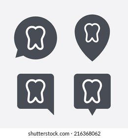 Tooth sign icon. Dental care symbol. Map pointers information buttons. Speech bubbles with icons. Vector