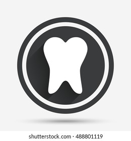 Tooth sign icon. Dental care symbol. Circle flat button with shadow and border. Vector