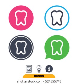Tooth sign icon. Dental care symbol. Report document, information sign and light bulb icons. Vector