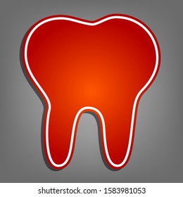 Tooth sign illustration. Flat red icon with linear white icon with gray shadow at grayish background. Illustration.