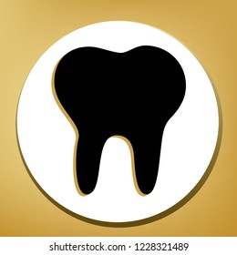 Tooth sign illustration. Vector. Black icon with light brown shadow in white circle with shaped ring at golden background.