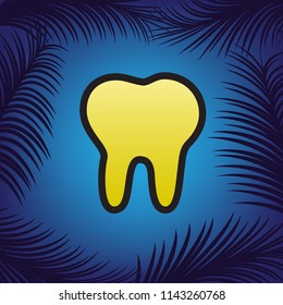 Tooth sign illustration. Vector. Golden icon with black contour at blue background with branches of palm trees.