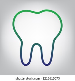Tooth sign illustration. Vector. Green to blue gradient contour icon at grayish background with light in center.