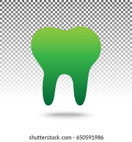 Tooth sign illustration. Vector. Green gradient icon with shadow at bottom on transparent and white background.