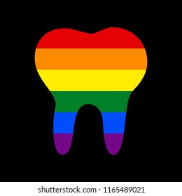 Tooth sign illustration. Vector. Icon with colors of LGBT flag at black background.