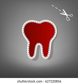 Tooth sign illustration. Vector. Red icon with for applique from paper with shadow on gray background with scissors.