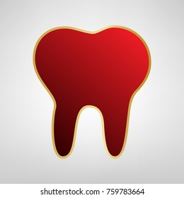 Tooth sign illustration. Vector. Red icon on gold sticker at light gray background.