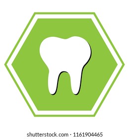 Tooth sign illustration. Vector. White icon with black shadow at yellow green honeycomb on white background.