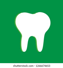 Tooth sign illustration. Vector. White flat icon with yellow striped shadow at green background.