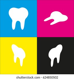 Tooth sign illustration. Vector. White icon with isometric projections on cyan, magenta, yellow and black backgrounds.