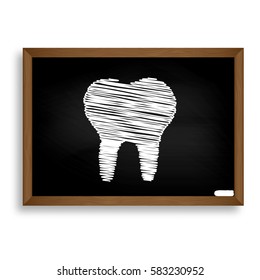 Tooth sign illustration. White chalk icon on black school board 