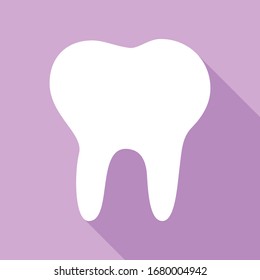Tooth sign illustration. White Icon with long shadow at purple background. Illustration.