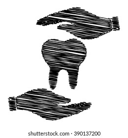 Tooth sign. Save or protect symbol by hands with scribble effect.