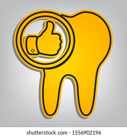 Tooth sign with thumbs up symbol. Flat orange icon with overlapping linear black icon with gray shadow at whitish background. Illustration.