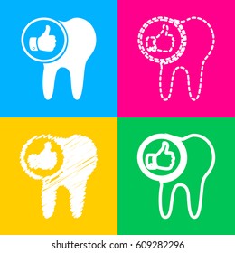 Tooth sign with thumbs up symbol. Four styles of icon on four color squares.