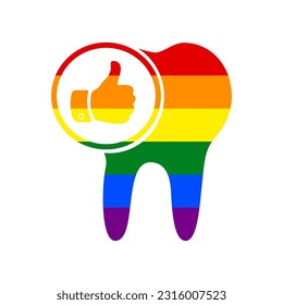 Tooth sign with thumbs up symbol. Rainbow gay LGBT rights colored Icon at white Background. Illustration.