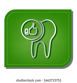 Tooth sign with thumbs up symbol. Silver gradient line icon with dark green shadow at ecological patched green leaf. Illustration.