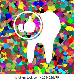 Tooth sign with thumbs up symbol. Vector. White icon on colorful background with seamless pattern from squares.