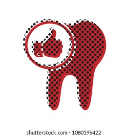 Tooth sign with thumbs up symbol. Vector. Brown icon with shifted black circle pattern as duplicate at white background. Isolated.