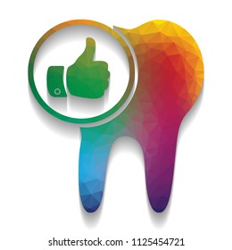 Tooth sign with thumbs up symbol. Vector. Colorful icon with bright texture of mosaic with soft shadow on white background. Isolated.