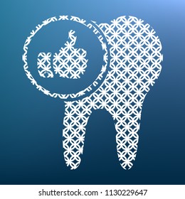 Tooth sign with thumbs up symbol. Vector. White textured icon at lapis lazuli gradient background.