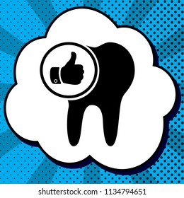 Tooth sign with thumbs up symbol. Vector. Black icon in bubble on blue pop-art background with rays.