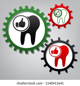 Tooth sign with thumbs up symbol. Vector. Three connected gears with icons at grayish background.