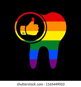 Tooth sign with thumbs up symbol. Vector. Icon with colors of LGBT flag at black background.