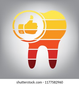 Tooth sign with thumbs up symbol. Vector. Horizontally sliced icon with colors from sunny gradient in gray background.