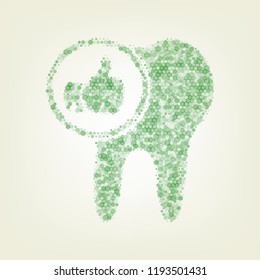 Tooth sign with thumbs up symbol. Vector. Green hexagon rastered icon and noised opacity and size at light green background with central light.