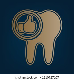 Tooth sign with thumbs up symbol. Vector. Golden icon and border at dark cyan background.