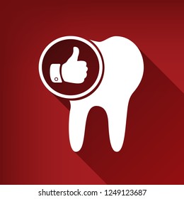 Tooth sign with thumbs up symbol. Vector. White icon with limitless shadow at ruby red background.